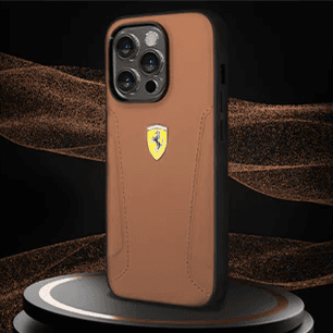 Cover IPhone 14 Pro original Ferrari leather case with with hot stamped sides   & yellow shield logo brown