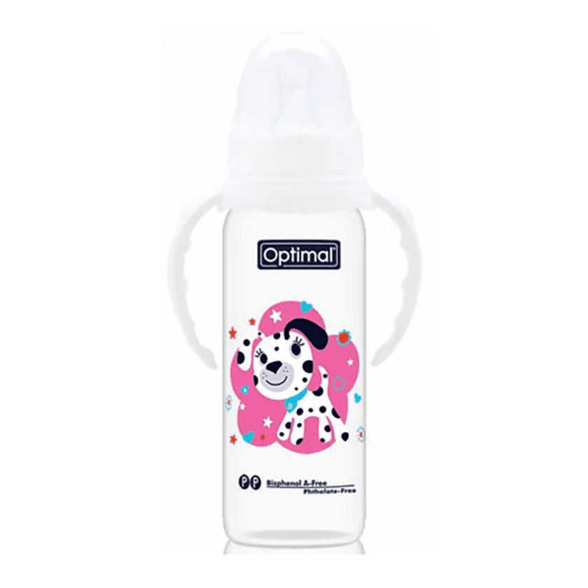 Optimal Slim Waist plastic Feeding bottle with white handle 6+months 240ml ref-OPB-1027W