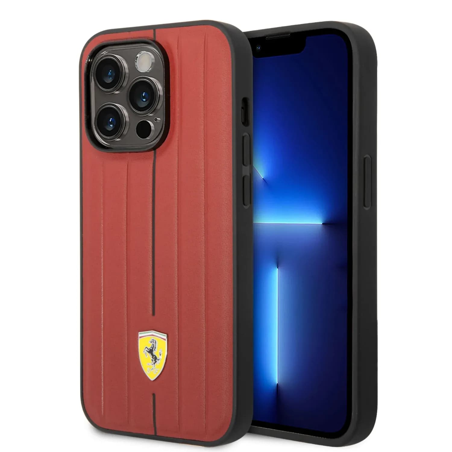 Cover IPhone 14 Pro ferrari leather case original with Em bossed stripes &yellow shield logo i red