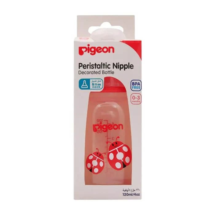 Pigeon Peristaltic Nipple plastic decorated bottle with Ladybug S (Slow Flow)  0-3months Slim Neck 120ml