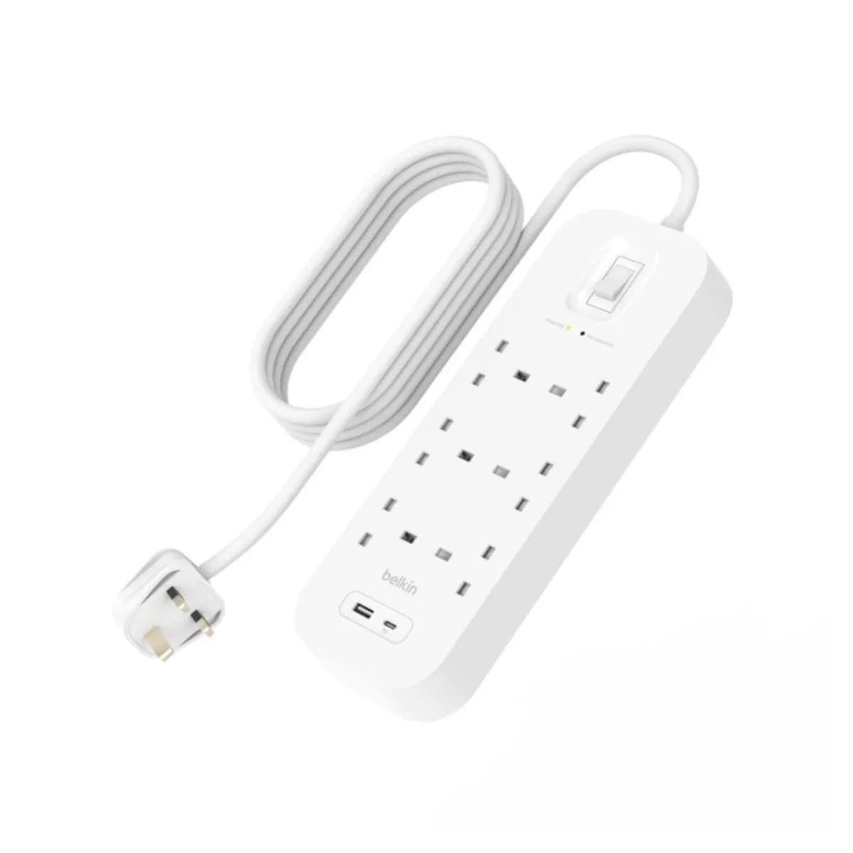 Surge protector power extension with 6 outlets 18W & USB-C & A charging, 2m-Belkin