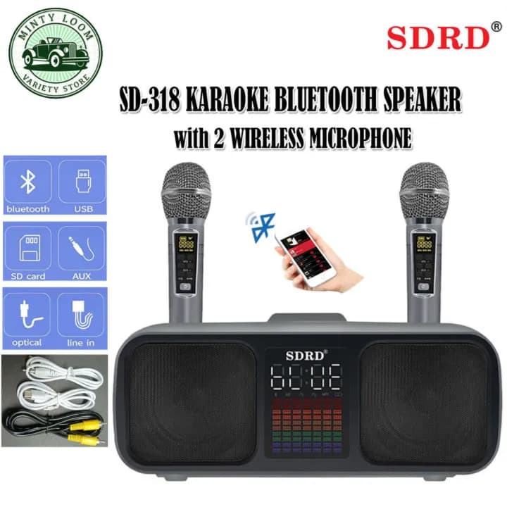 SDRD SD-318 Bluetooth Karaoke Speaker Comes with 2 Wireless Microphones with LCD Screen