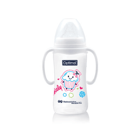 Optimal Wide Neck plastic Feeding Bottle with White Handle 300ml 6+ months OPB-1031