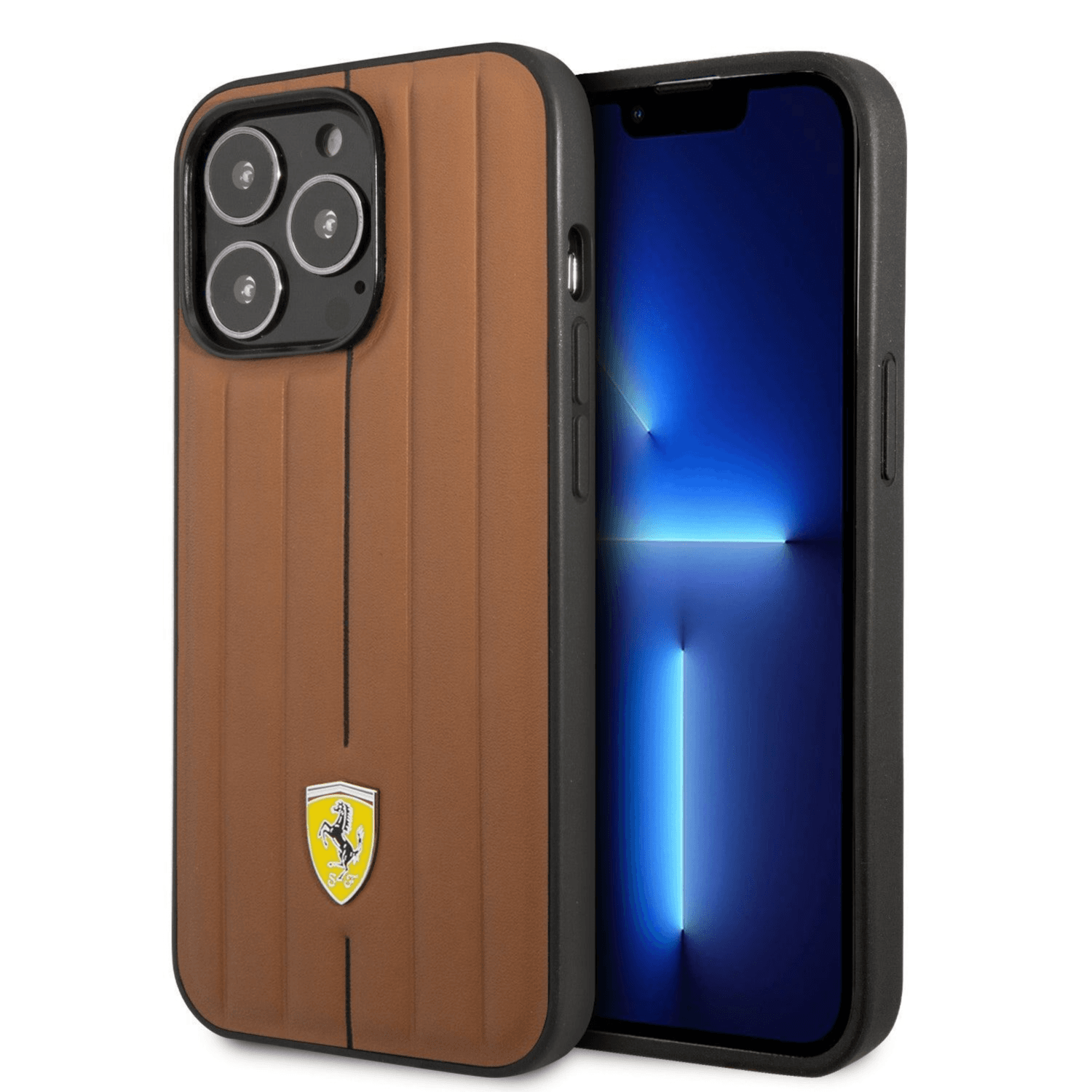 Cover IPhone 14 prooriginal Ferrari leather case Em bossed stripes &yellow shield logo with  brown