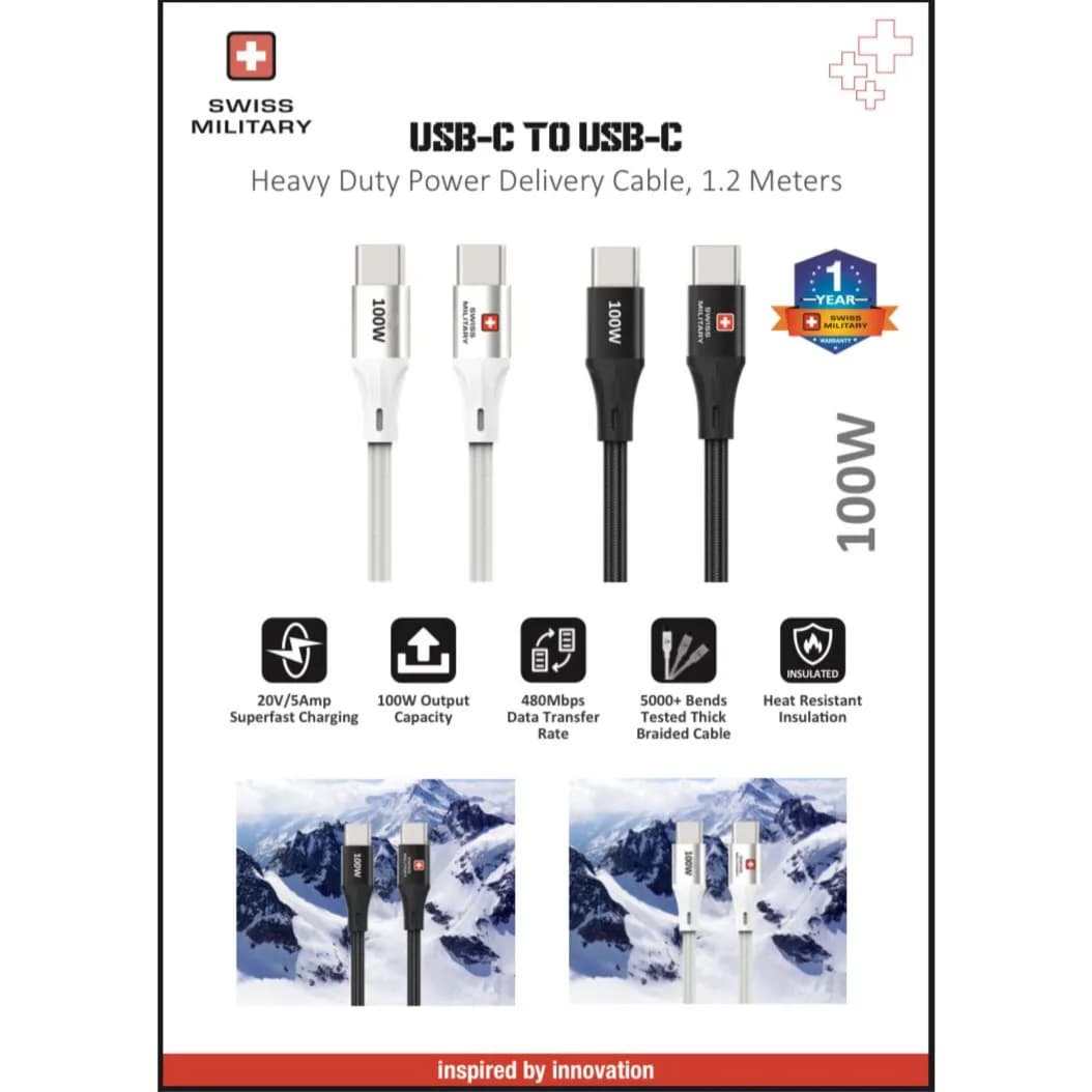 Swiss Military USB-C to USB-C Heavy duty power delivery cable 1.2mtr 100W-Black