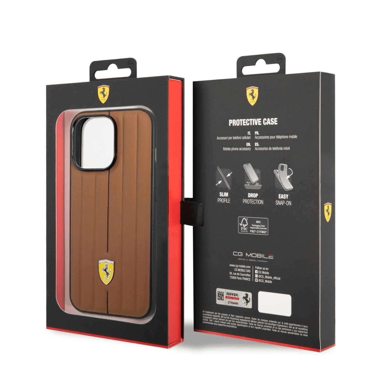 Cover IPhone 14 prooriginal Ferrari leather case Em bossed stripes &yellow shield logo with  brown