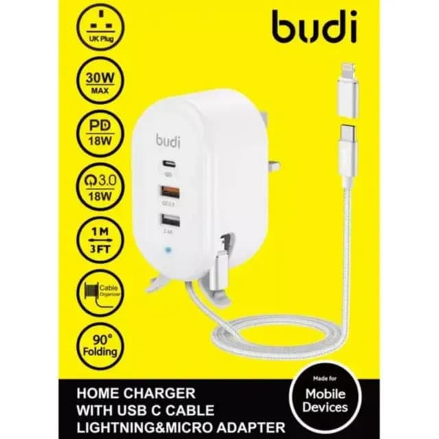 Budi Home Charger With USB-C Cable / Lightning & Micro Adapter - White