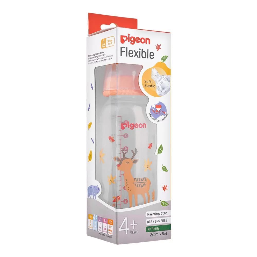 Pigeon Flexible Plastic Bottle Soft & Elastic Nipple 4+months Minimize Colic 240ml Ref-pa00421 Decorated With Ghazal