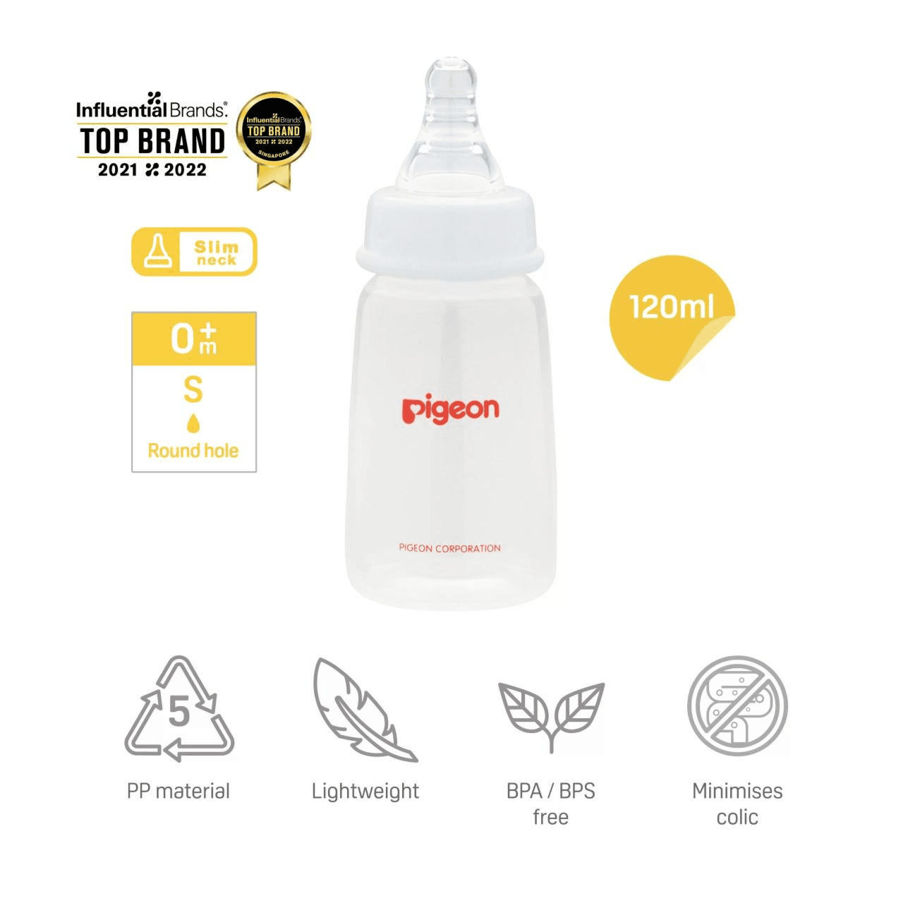 Pigeon Flexible plastic feeding bottle 0+months S round hole with slim neck 120ml Ref-PA26012