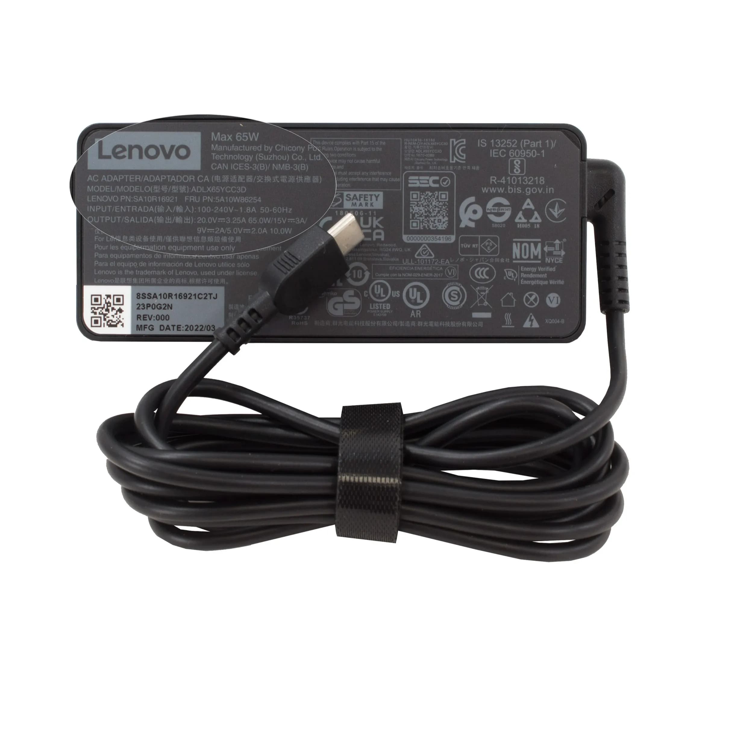 Lenovo 65W Type-C Power Adapter Compatible With Most USB-C Laptops Charger Black