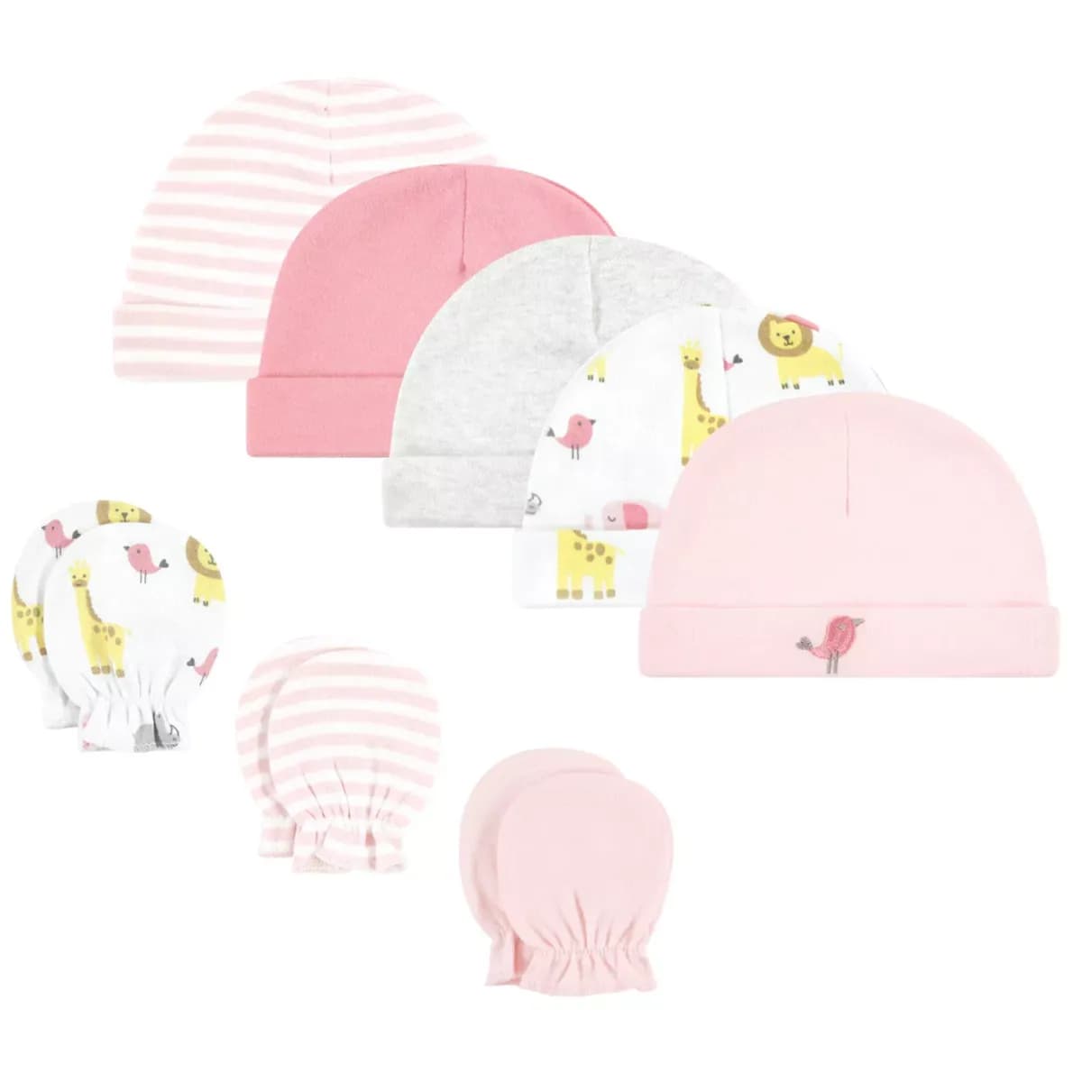 Hudson Baby Infant Girl Cotton Cap and Scratch Mitten Set, Girl Yellow Safari, 0-6 Months