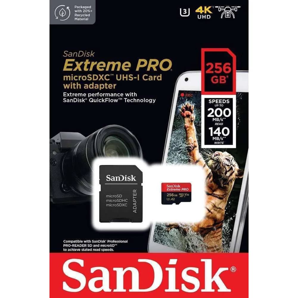 Sandisk 256gb Extreme Pro Sd Micro Sdxc Uhs-i Card With Adapter (Speed Up To 200mb/s For Read-140mb/s For Write)