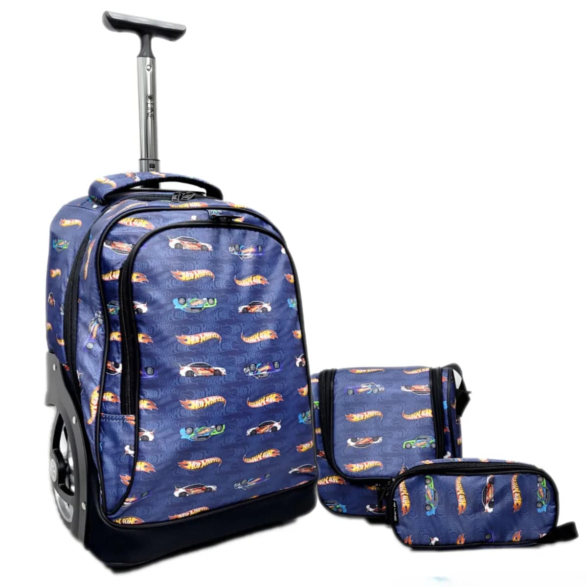 Q Line Hot Wheels Themed School Trolley Bag With Lunch Bag & Pencil Case - 3 Pieces Set (Tbql98)