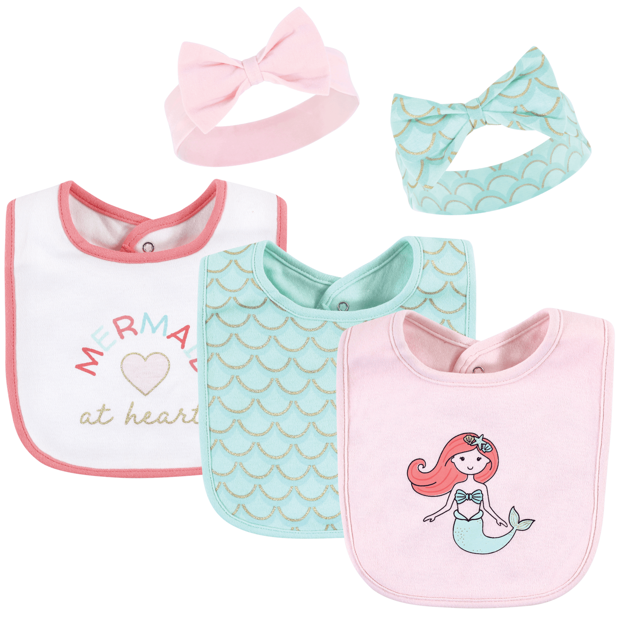 Hudson Baby 5 piece Set Cotton Bib and Headband, Coral Mint Mermaid