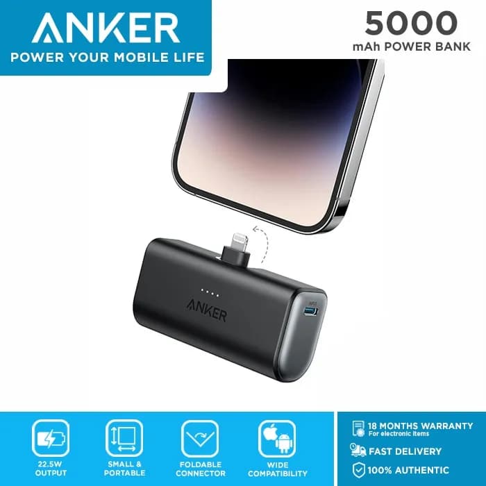 Anker Nano Portable Charger for iPhone, with Built-in MFi Certified Lightning Connector, Power Bank 5,000mAh 12W, Compatible with iPhone 14/14 Pro / 14 Plus, iPhone 13 and 12 Series (Black)