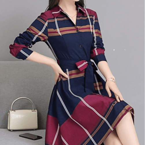 Autumn Winter Vintage Korean Style New Long Sleeve Plaid Slim Fit Dress 17260
