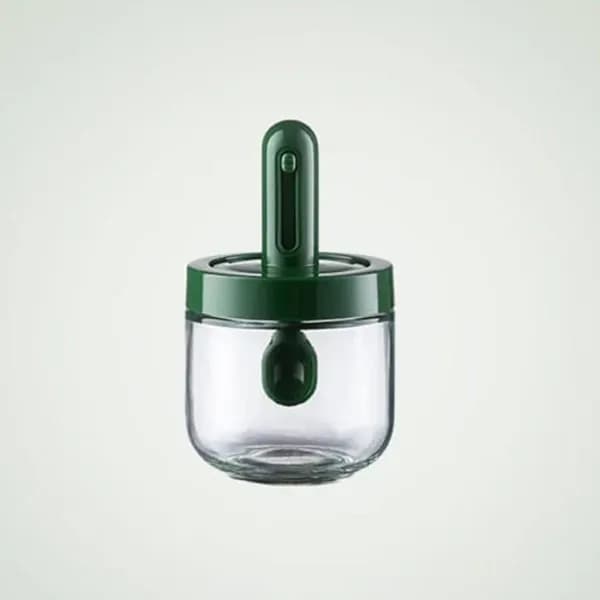 Glass Seasoning Jar With Retractable Spoon, Spice Storage Bottle For Kitchen-green