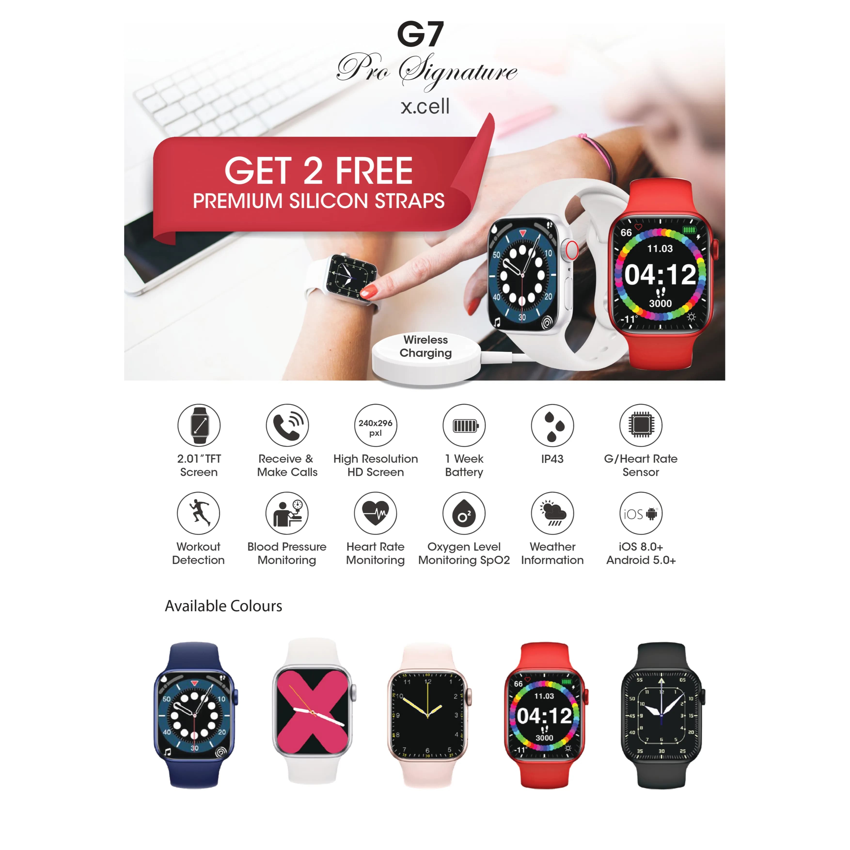 XCELL G7 PRO Signature Smartwatch - Pink (Get 2 free premium silicone straps)