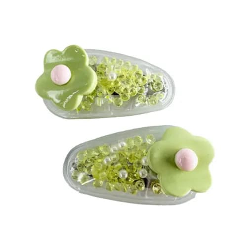 Transparent Pvc Hair Clip Decorated With A Rose And Glitter Inside - Pistachio (2 Pieces)