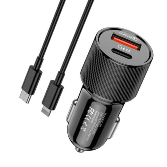 Car Charger (Usb Type C Pd + Usb Qc3.0) + Cable Usb-c - Apple Lightning 1m Kakusiga  Black