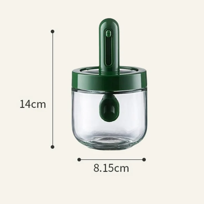 Glass Seasoning Jar With Retractable Spoon, Spice Storage Bottle For Kitchen-green