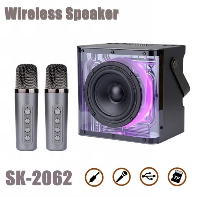 Qixi SK-2062 Shocking Bass KARAOKE Wireless Bluetooth Transparent Speaker with Colorful LED Light support AUX, TF, USB, FM Radio Mode with Two Wireless Microphone.