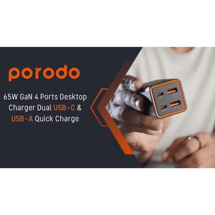 Porodo 65W GaN 4 Ports Desktop Charger Dual USB-C & USB-A Quick Charge - Black