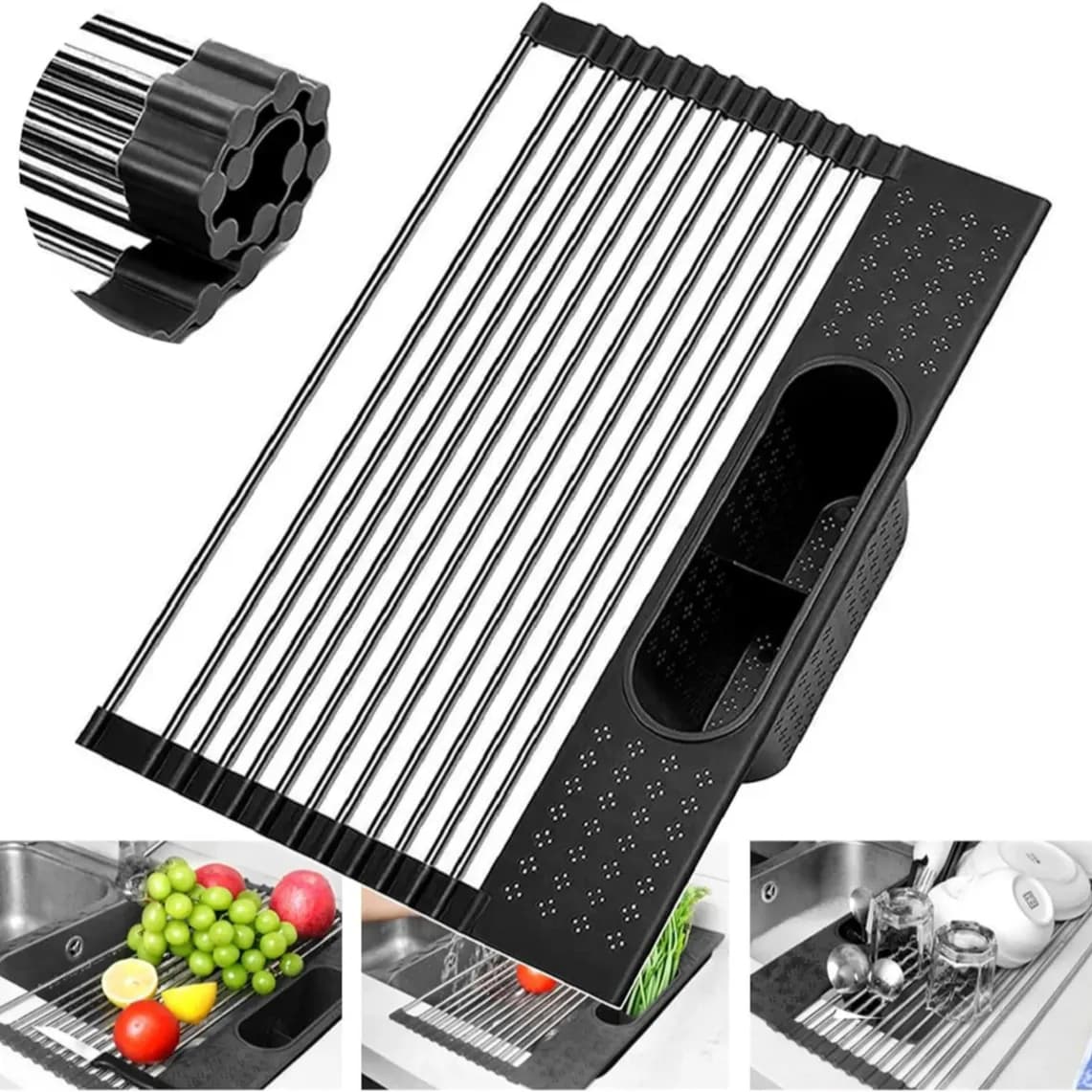 Stainless Steel Kitchen Sink Dish Drainer, Rollable Dish Drying Rack For Utensils, Fruits, Vegetables-black