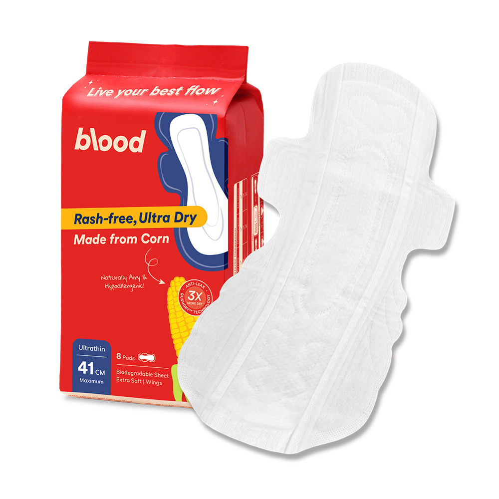 Menstrual Sanitary Pad - 41Cm, Organic Made from Corn , High Absorption, Hyppoallergenic, Can be used post Maternity, From Blood Singapore (8pcs/Pack)