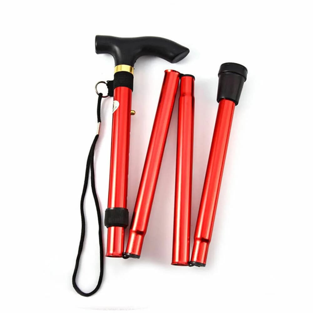 Adjustable Metal Folding Walking Stick Color Red  With Non Slip Rubber Base