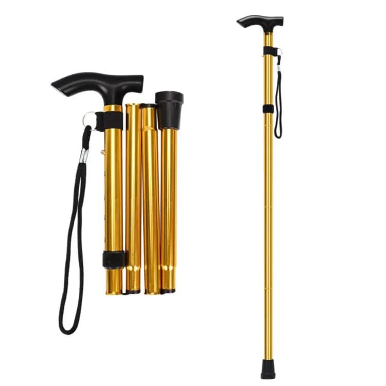 Adjustable Metal Folding Walking Stick Color Gold With Non Slip Rubber Base