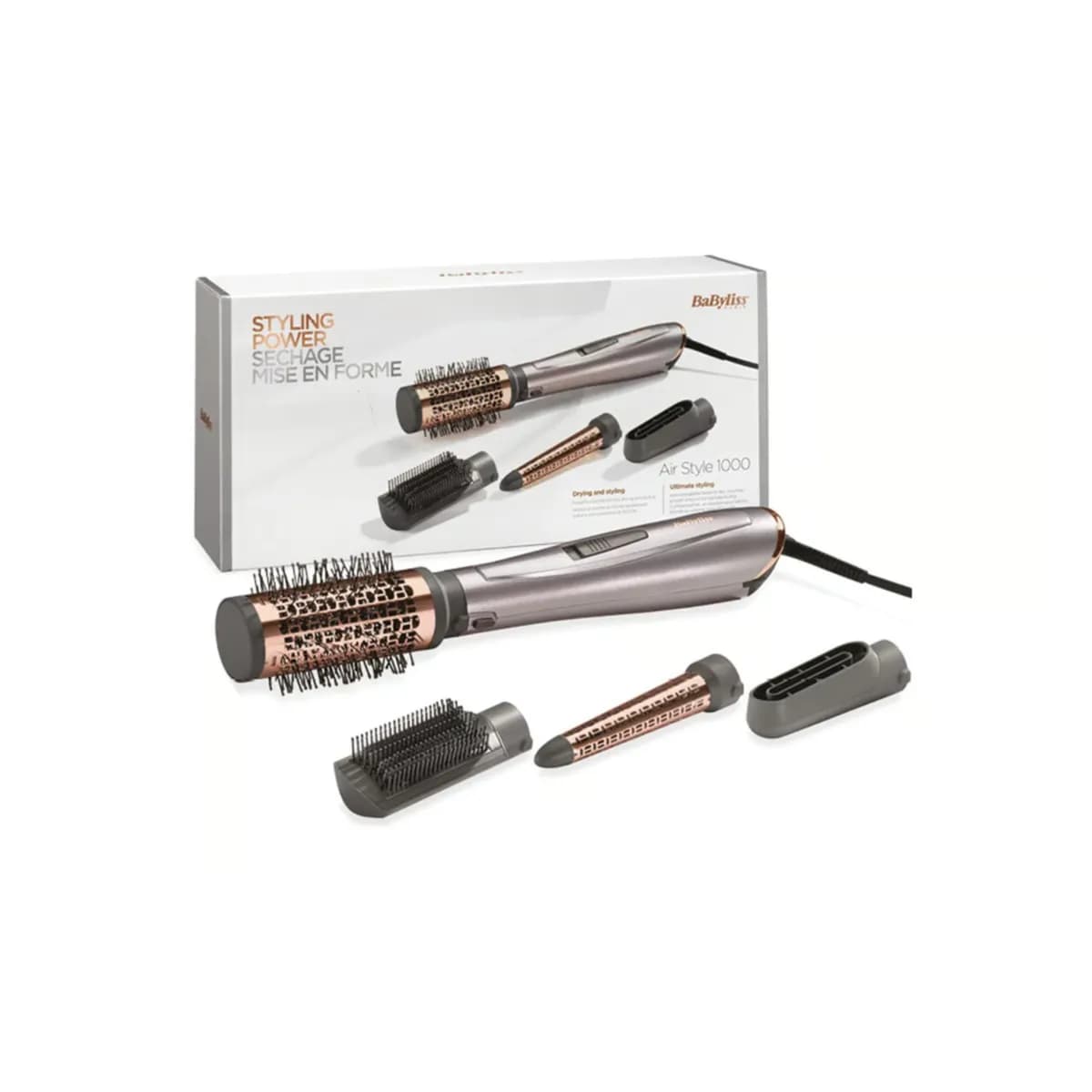 Babyliss Air Style 1000 Hot Air Brush With Ion Technology, 4 Attachments For Drying, Styling And Curling, As136e, Pack Of 1, Silver Rose Gold