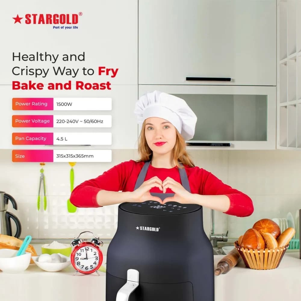 STARGOLD Air Fryer 4.5 Liter 1500W With Temperature Control, Timer Function, Power Indicator Fryer For Oil Free Healthy Cooking, SG-2226DC BLACK