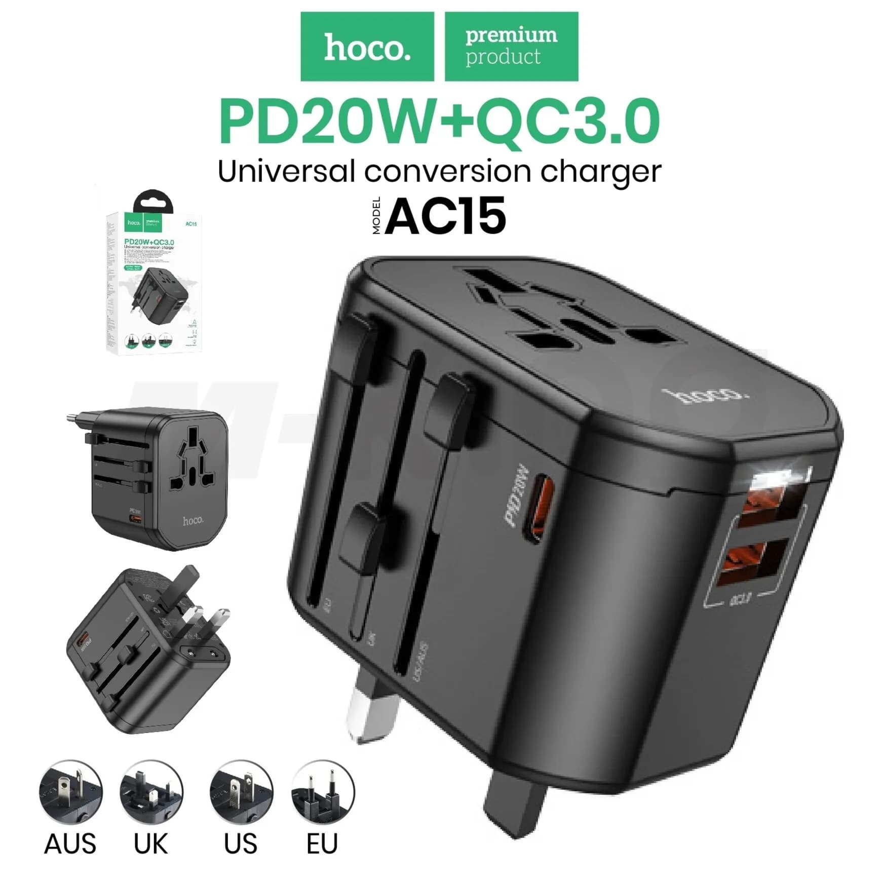 4 mode travel plug (EU,UK,US,AUS) 20w Hoco AC15