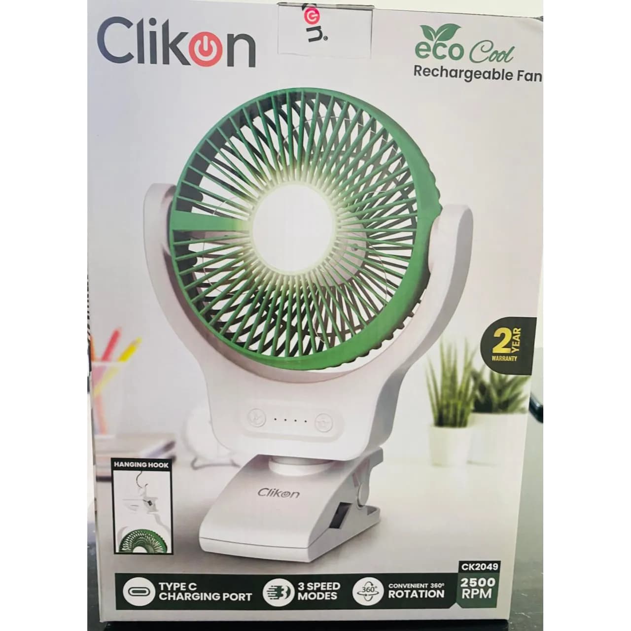 CLIKON CK2049 6"Eco cool rechargeable fan (Type-C Charging port-speed 3 modes-360 degree rotation)