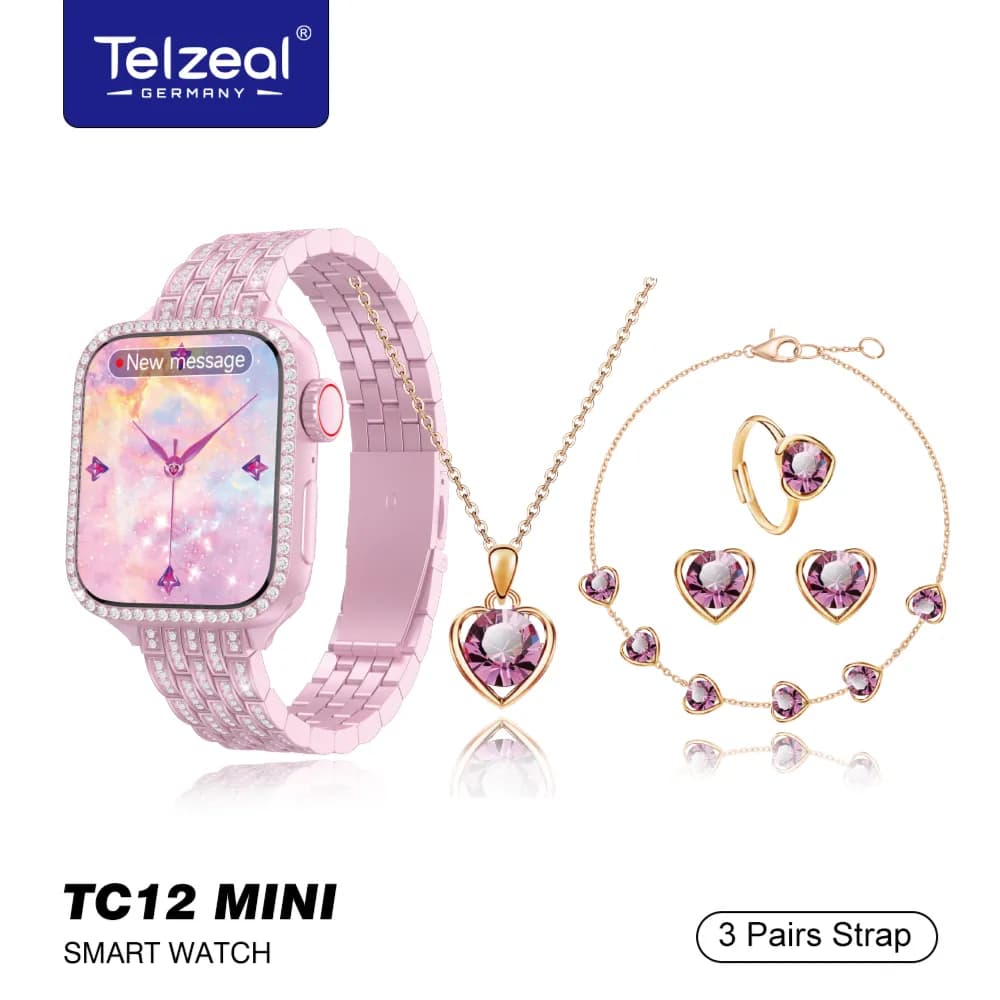 Smartwatch,3 Strap,Wireles Charging + Ornaments - Telzeal TC12 Mini Pink