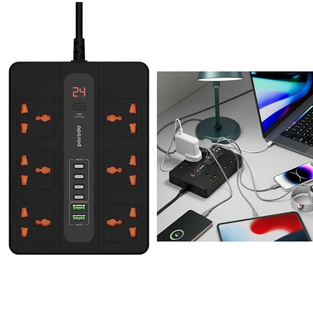 Extension,Power Socket,6 Plug,2 Usb,4 Usb-C With 3M Cable-Porodo