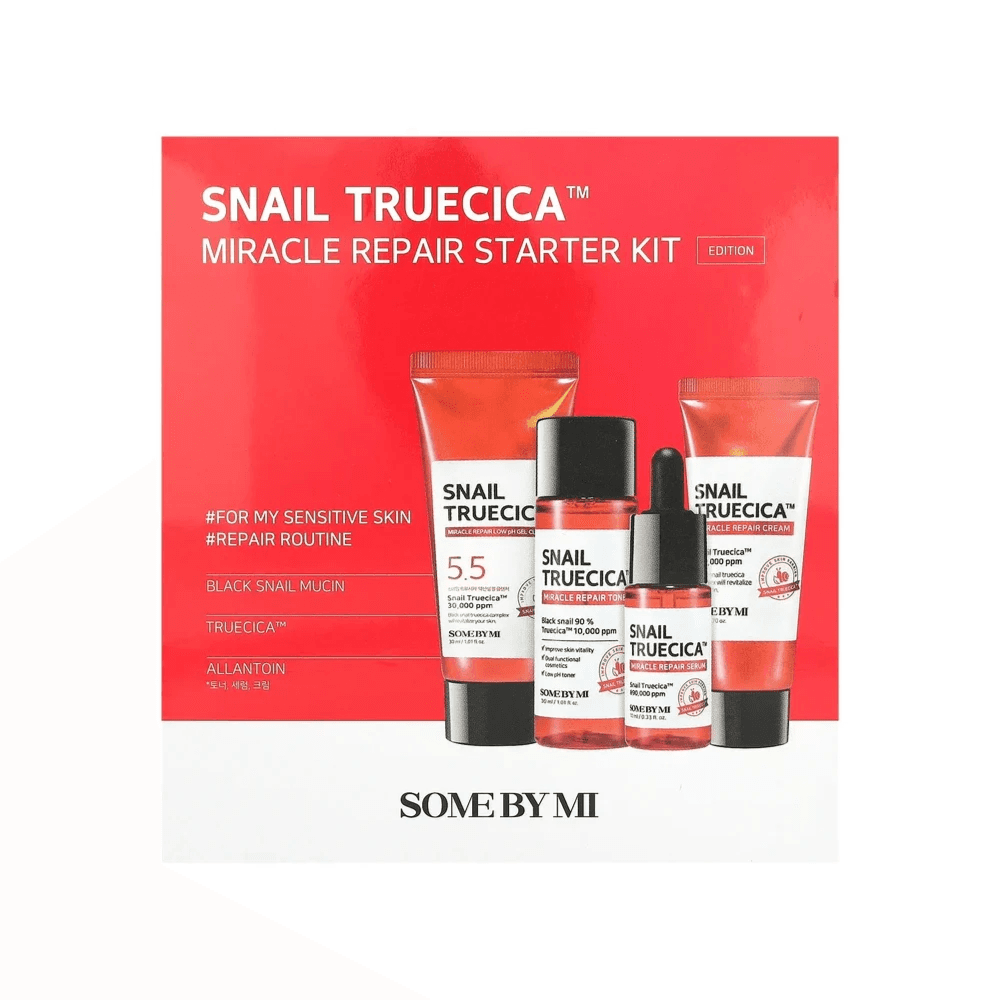 مجموعة أدوات الإصلاح المعجزة SOME BY MI Snail Truecica - تونر 1.01 أونصة، مصل 0.33 أونصة، منظف جل 1.01 أونصة، كريم 0.67 أونصة - مجموعة الإصلاح اليومي للعناية بالبشرة لتقوية حاجز البشرة - العناية الكورية بالبشرة