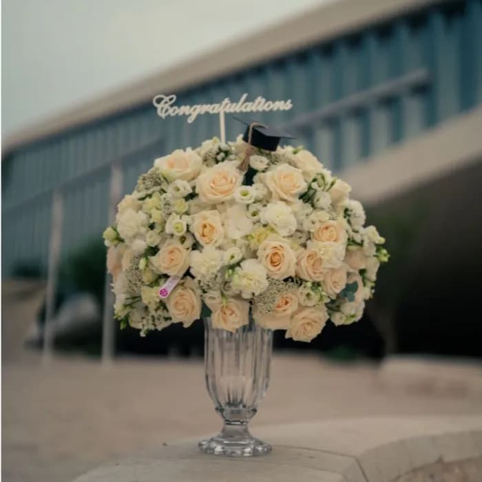 Vase Arrangement With Mixed White Flowers For Graduation