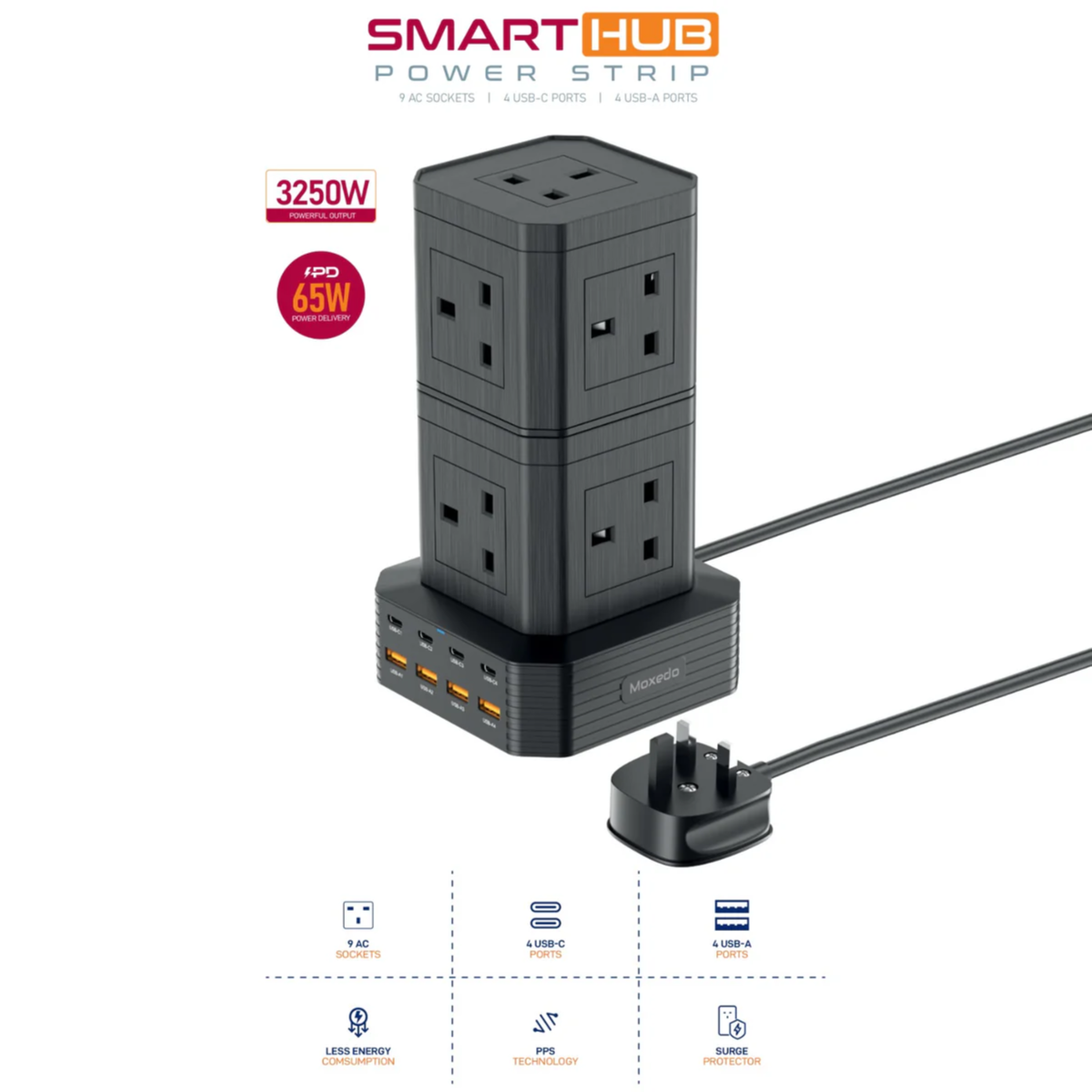 Moxedo Smart Hub Power Strip, 65W Power Delivery