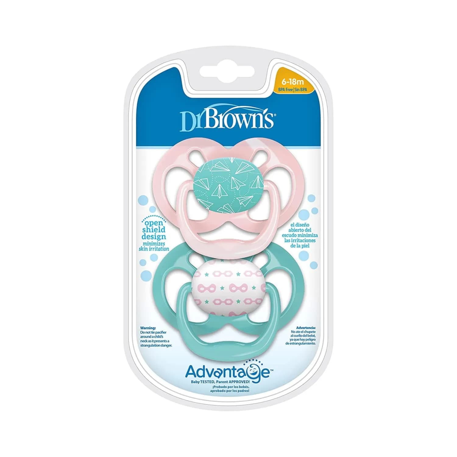 Dr. Brown's Advantage Pacifier Stage 2, 2-Pack, 6-18m, Pink