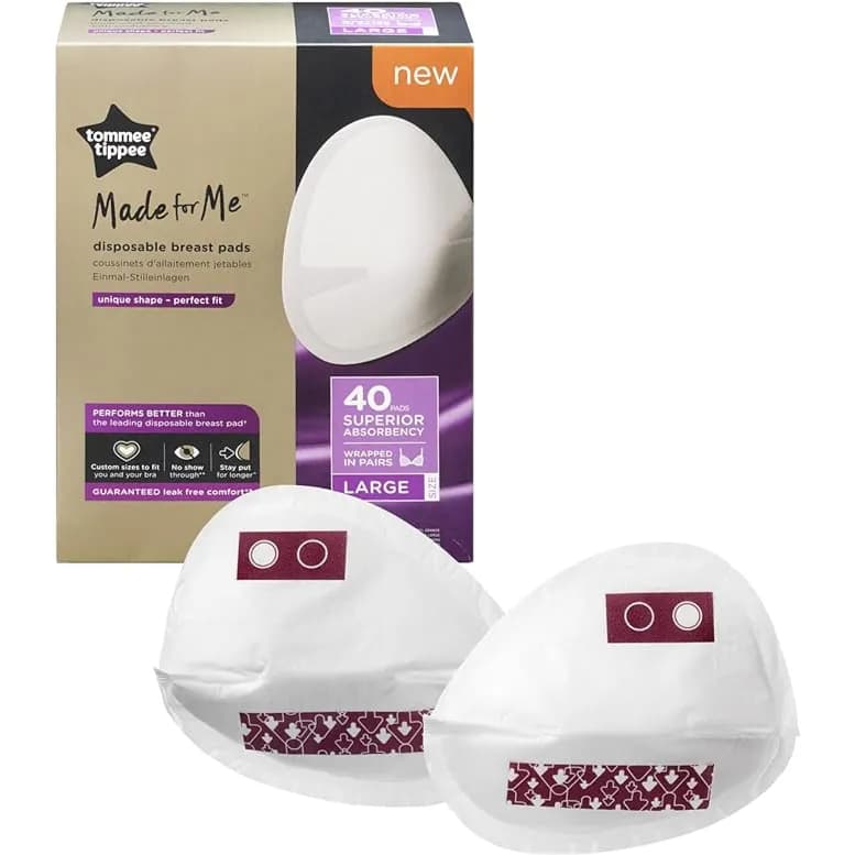 Tommee Tippee Made for Me Daily Disposable Breast Pads, Soft, Absorbent and Leak-Free, Contoured Shape, Adhesive Patch, Large, Pack of 40