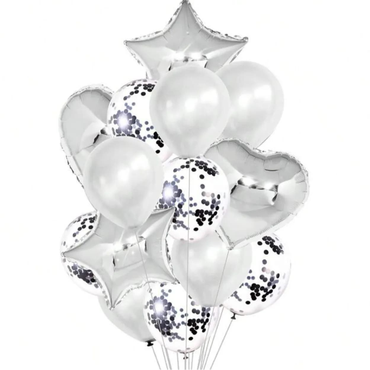 Set 14 Pcs Heart Star And Round Balloon Silver Color Filled With Helium