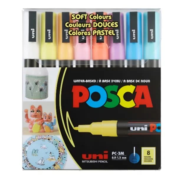 UNI Posca Acrylic Paint Soft Colours  Fine Marker Set Of 8 Colours PC-3M - PMHO12