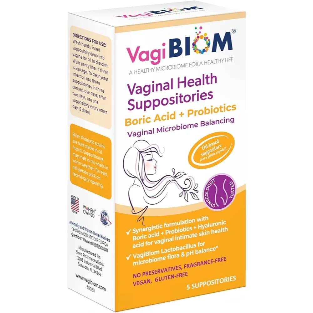 VagiBiom Boric Acid + Probiotics Suppository, 5 Count