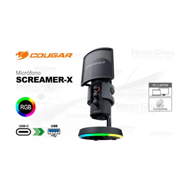 Cougar Screamer X Studio Microphone For All-Purpose (RGB stand with usb hub-deachable pop filter-3/8 to 5/8 threaded screw adapter-L shape type C to usb A cable for microphone-type C to usb A cable for RGB stand)