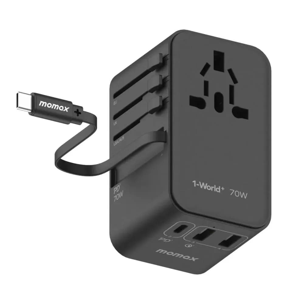 MOMAX 1-WORLD 70W GAN 3 PORT WITH BUILT-IN USB-C CABLE AC TRAVEL ADAPTER