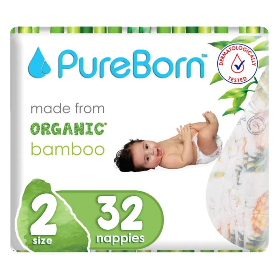 Pure Born Organic Bamboo Diapers Size 2- (Pack Of 32)