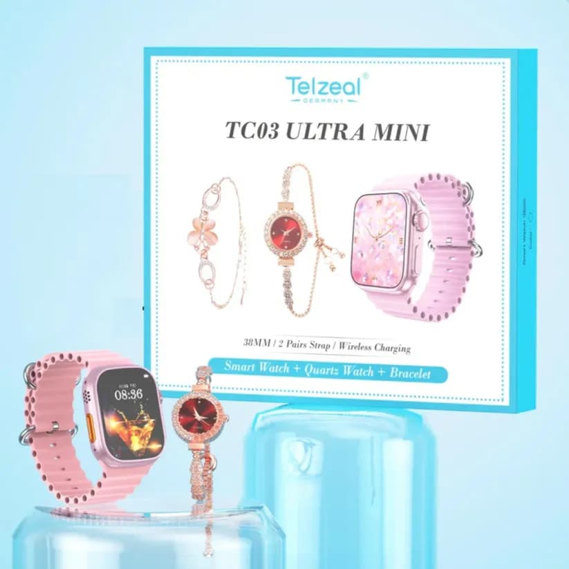 Ladies Smart Watch + Quartz Watch + Bracelet - Telzeal TC03 Pink