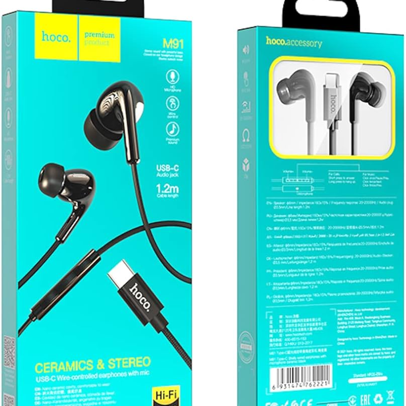 Hoco M91 - Shelly Wired Type-C Earphones With Microphone (Length: 1.2m, Plug: Type-C) - Ceramic Black